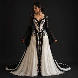 Luxury Black <b>White</b> Gothic <b>Lace</b> Floor-Length Embroidery Wedding Gown Designer Bridal Long Sleeves Elegant Vintage Ball Gown - Product Image 3