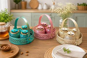 Juego de recipientes decorativos de metal para frutos secos con tapas florales y bandeja a juego, recipientes coloridos para almacenar nueces con asas - Product Image 3