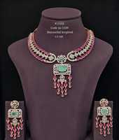 Parure de bijoux de luxe en laiton plaqué platine avec collier ras-du-cou et zircon cubique, vert rose, pour fiançailles, mariage, fête, mariée - Modèle 1109