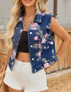 Hardihood International <b>Floral</b> Print Denim <b>Vest</b> Women Sleeveless Button Front Formal Summer Jacket Breathable Distressed - Product Image 4