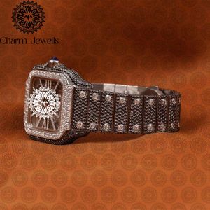 Charm Men's Luxury Square Stainless Steel <b>Watch</b> Mechanical Movement <b>Diamond</b> Encrusted Hollow Dial Push Button Hidden Clasp - Product Image 3