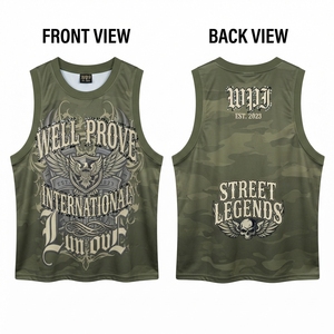 Custom Digital Print 180 GSM 100% Polyester Olive Green Camo Men's Quick Dry Adjustable Strap Tank <b>Top</b> Shorts Front <b>Rhinestone</b> - Product Image 1