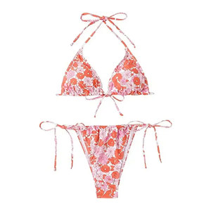 Women Floral Print Bikini Set <b>Crossed</b> Halter Tie Side Two Piece Spandex Polyester Stretch Regular Fit - Product Image 1