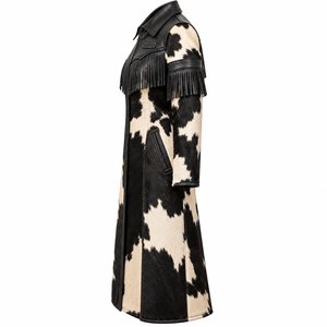 <b>Womens</b> Black White Cowhide Fur Western Fringe Duster Coat Yoke <b>Tassel</b> Leather Trench Long Outerwear Oem Service - Product Image 4