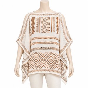 Tribal Embroidered <b>Poncho</b> Top <b>Women</b> Boat Neck Loose Fit Open Sleeve Geometric Pattern Casual Beach Resort Vacation Wear | Ethnic - Product Image 1