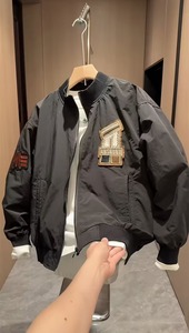 OEM Men's Black Bomber <b>Jacket</b> With Patch Designs Zipper Closure Regular Fit High Street Breathable Eco-Friendly 100% Cotton - Product Image 2