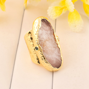 Natural raw crystal rose quartz statement <b>ring</b> with emerald cz accents solid <b>brass</b> 18k gold plated organic shape <b>ring</b> for women - Product Image 2