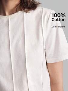 Custom Beige 100% Cotton Tee Women's Shirts Pleated Vertical Seam Short Sleeve T-Shirt Y2K Trendy Embroidery Logo Plus Size <b>Tops</b> - Product Image 5