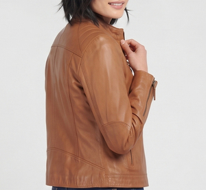 Women's Genuine Leather Moto <b>Jacket</b> Full Sleeve Stand Collar Zipper Closure <b>Biker</b> <b>Jackets</b> Chest Pocket Leather Racer <b>Jacket</b> - Product Image 5