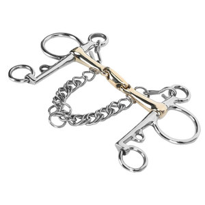 Bocado de acero inoxidable para caballo con enlace central dorado y cadena para montar a caballo - Product Image 4