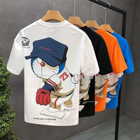 T-shirt Homme Streetwear Personnalisé en Coton Épais, Imprimé Graphique Rétro Anime Doraemon, Coupe Ample, Épaules Tombantes, Style Hip Hop Oversize