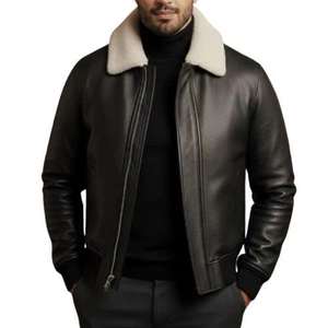 Custom <b>Men</b> Black Leather <b>Jacket</b> Beige <b>Shearling</b> Fur Collar Winter Luxury Biker <b>Jacket</b> Premium Quality - Product Image 1