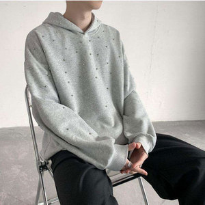 Sudadera con capucha extragrande para hombre, con cremallera, de forro polar, color gris sólido, con pedrería, de algodón tejido, transpirable, para invierno, corte regular, manga larga - Product Image 2