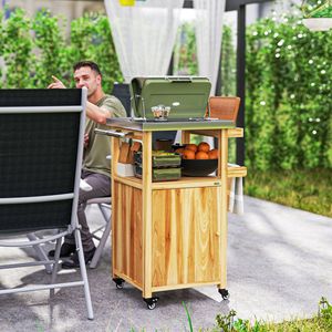 Carrello da Cucina per Esterni in Legno Massello con Piano in Acciaio Inox, Ruote e Foro Integrato, Carrello per Barbecue da Esterno in Legno Naturale - Product Image 2