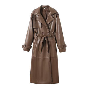 Manteau long en cuir d'agneau véritable marron avec ceinture, col rabattu, manches longues, imperméable, fermeture à un bouton - Automne Femme - Product Image 1