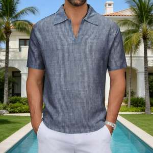 Chemise tricotée rayée pour homme, style décontracté, motif bleu et blanc, coupe classique, polyester/coton respirant, manches courtes - Product Image 5