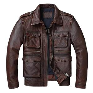 Men's Genuine <b>Leather</b> <b>Jacket</b> Turn-down Collar Moto Style Four Pockets Zipper Closure Autumn Regular Fit - Product Image 1
