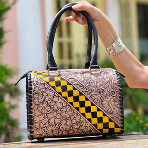 Beautiful Attractive Hand Tooled Florals Carved With Yellow Black Color Checkered Pattern 100% Genuine Leather Speedy Duffle Bag - Product Image 1