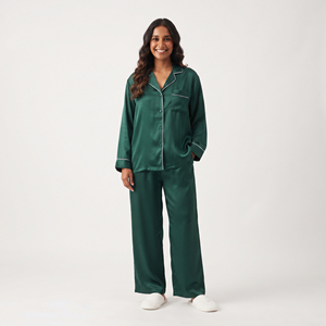 Pyjama en satin pour femme, décontracté, 100% soie, manches longues, boutonné, avec poche poitrine, respirant, tenue d'hiver, vêtement de nuit - Product Image 1