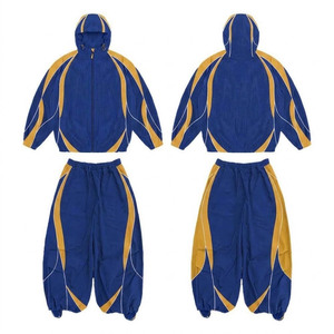 Conjunto Deportivo Casual Unisex Azul Dorado, Chaqueta con Capucha y Cremallera, Pantalones Jogger Holgados, Ropa Deportiva Urbana, Ecológica, para Primavera - Product Image 1