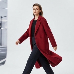 Red Wool Trench Coat Long Notched Lapel Double Button Solid Color Winter Women's Outerwear Minimalist Style Full Sleeve - Product Image 4