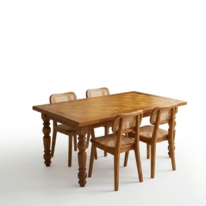 Ensemble de table à manger en teck massif avec pieds tournés, rectangulaire, style vintage français, meubles de cuisine, ensemble de salle à manger en chêne naturel chaud - Product Image 1