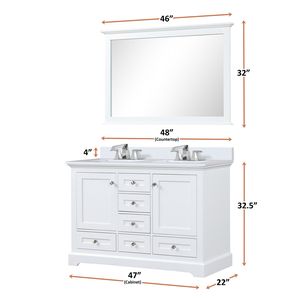 48 In. Vanità bianca del doppio bagno con 22 In. D piano In quarzo bianco e 46 pollici. Lavabo da bagno a specchio - Product Image 6
