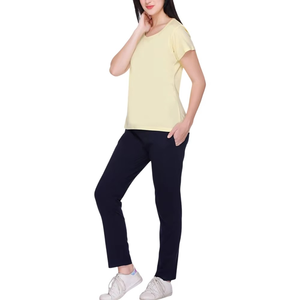 Women's Yellow Short Sleeve Crew Neck T-Shirt With Black Full Length <b>Pants</b> Side Pockets Elastic Waist Casual Summer Wear - Product Image 5