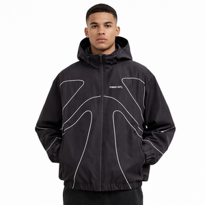 Custom Logo <b>Men</b> Hooded Windbreaker <b>Jacket</b> Black <b>Reflective</b> Piping Lightweight Streetwear Outerwear OEM Supplier <b>men's</b> <b>jackets</b> - Product Image 1