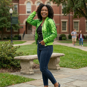 Cosh International New Arrival Custom <b>Green</b> <b>Sequin</b> Varsity Sisterhood Bomber <b>Jacket</b> Windproof Sorority Satin Greek Apparel - Product Image 4