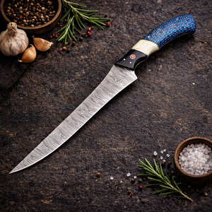 Cuchillo de filetear pescado de acero de Damasco hecho a mano, 8 pulgadas, extra afilado, mango de resina azul estilo panal de abeja, diseño moderno, ambidiestro - Product Image 3