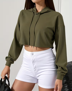 Women's Olive Green Cropped Hoodie Long Sleeve Solid Knitted Fleece Polyester/Cotton Pockets Winter Style Breathable Casual Wear - Product Image 2