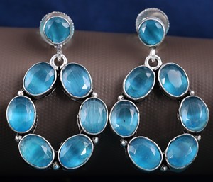 Trade Assurance Bohemian Blue Cat Eye Stone Oval Loop Earrings for Women | Handmade Oxidized Silver Brass Jewelry - Product Image 3