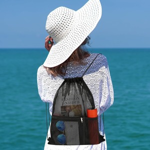 Wholesale Custom Logo Mesh <b>Drawstring</b> <b>Backpack</b> With Zipper Pocket And Bottle Pocket Breathable Gym Swim Beach Bag For Men Women - Product Image 6