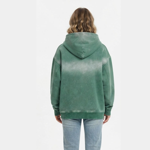 Sudadera con capucha vintage para mujer, con cremallera, hombros caídos, color verde sólido, lavado ácido, manga larga, para otoño - Product Image 2