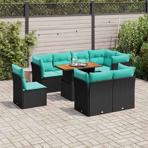 Juego de sofás de patio de ratán sintético negro de 9 piezas con cojines, muebles elegantes para exteriores - Product Image 1