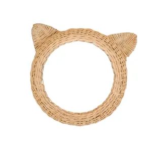 Figura de animal de rattan natural espelhado, orelha de gato, decoração de berçário, presente de dia da mãe