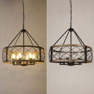 Lustre Tambour Moderne Style Ferme Rustique en Bois et Métal, Suspension Industrielle Cage, Lampe Suspendue Vintage Ronde - Product Image 4