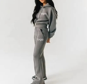 Conjunto de Sudadera con Capucha y Pantalones Deportivos Personalizados para Mujer, Tela Suave y Cómoda, Capucha con Cordón, Pantalones de Cintura Alta y Pierna Ancha, Proveedor OEM/ODM - Product Image 2