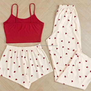 3pcs Set Simple Fashion Woman's Sexy Spaghetti Strap Floral Pattern Soft Spandex/Cotton Shorts Pajamas Breathable Knitted - Product Image 5