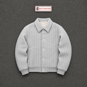 Chaqueta Varsity de Lana Gris Personalizada con Rayas Finas para Hombre, Chaqueta Bomber con Puños Acanalados y Botones, Ropa de Calle de Invierno, Venta al por Mayor, Casual - Product Image 5