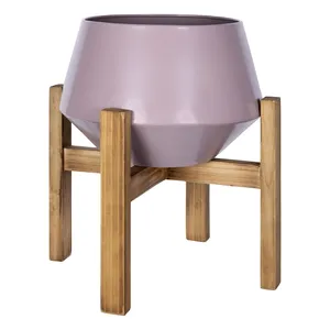 Modern Purple Metal <b>Vase</b> with Wooden Stand 9.25 Inch <b>Square</b> Tabletop Planter for Indoor Decor - Product Image 5
