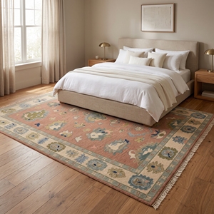 Tapis Oushak noué à la main, motif floral vintage rose, tapis traditionnel turc, laine faite à la main - Product Image 2