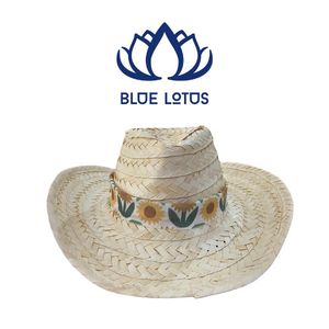 BEST SELLER Chapeau Fedora en paille naturelle durable Blue Lotus Farm Lucy, à large bord, brodé à la main, rayé, pour la plage et l'été, avec ruban - Product Image 1