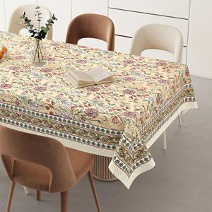 HappyKraft Handmade Floral Block Print Beige Cotton Rectangular <b>Table</b> <b>Cover</b> Eco-Friendly for Home & Hotel Use - Product Image 1