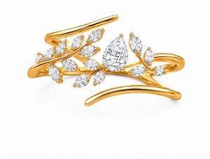 Anillo de Oro de 18K con Diamantes Cultivados en Laboratorio, Diseño de Hoja de Pera y Rama de Vid, Anillo de Bypass y Banda Cruzada, Anillo Nupcial Personalizado - Product Image 1