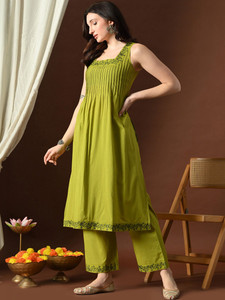 <b>Women</b> Pure Cotton Embroidered <b>Kurta</b> With Trousers Ankle-Length Loose Fit Square Neck Casual Indian Pakistani Style Summer Wear - Product Image 5