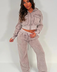 Sweat-shirt court à capuche gris en molleton délavé sur mesure pour femme avec poches, ensemble de survêtement décontracté couleur unie 200 g - Product Image 4