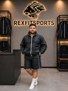 REXFIT SPORTS 2026 Ensemble coupe-vent en nylon noir pour homme – Veste à col montant entièrement zippée et short à cordon de serrage – Tenue de sport personnalisée - Product Image 1