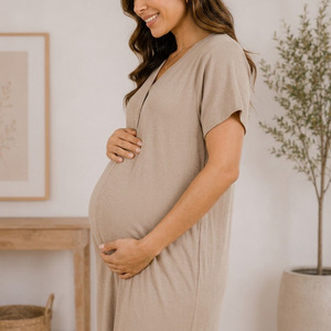 Camisón de Maternidad con Cuello en V, Manga Corta, Largo a Media Pantorrilla, Corte Holgado, Transpirable, Color Sólido, Tono Natural, Ropa de Dormir para Mujer - Product Image 3